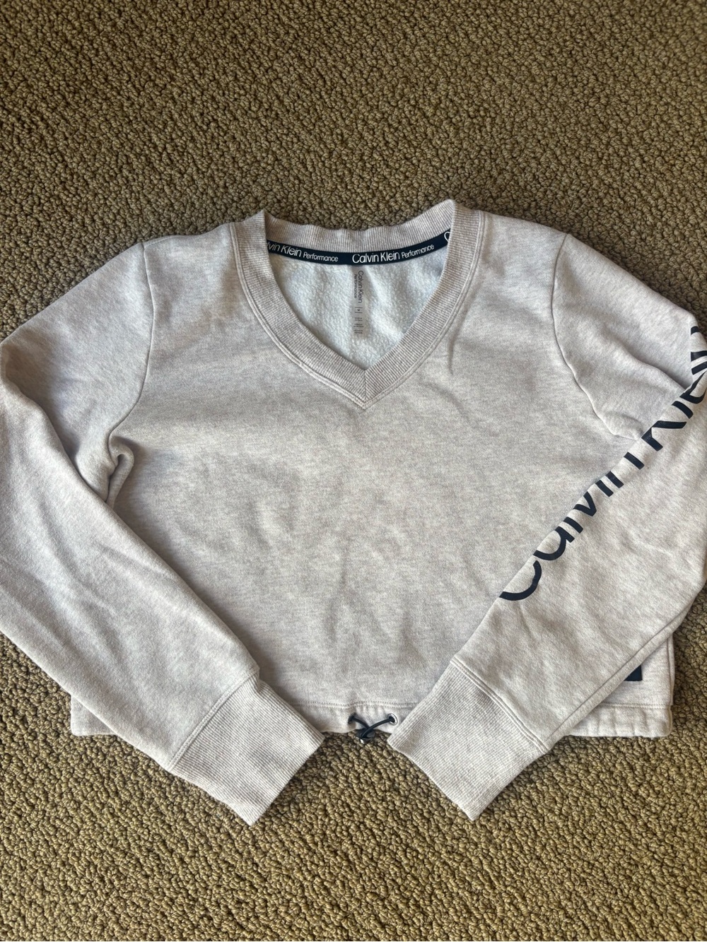 Calvin Klein Cropped V-Neck Sweatshirt - Light Gray with Navy Logo